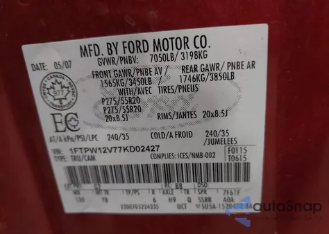 2007 Ford F-150 Lariat/Xlt z USA, uszkodzony, nr VIN 1FTPW12V77KD02427